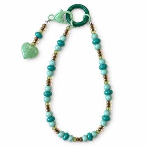 Turquoise Beaded Phone Charm Strap with Green Heart Pendant