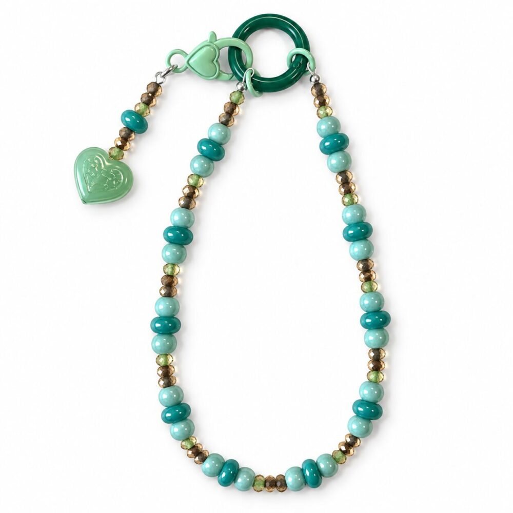 Turquoise Beaded Phone Charm Strap with Green Heart Pendant